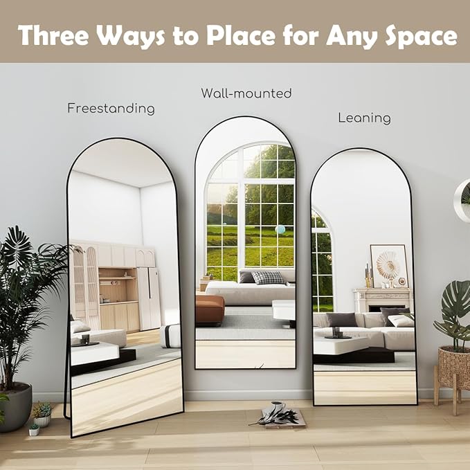 Arched Full Length Mirror, 64 "x 21" Floor Mirror with Stand, Full Body Mirrors with Aluminum Alloy Frame, Freestanding, Wall-Mounted or Leaning (Black)