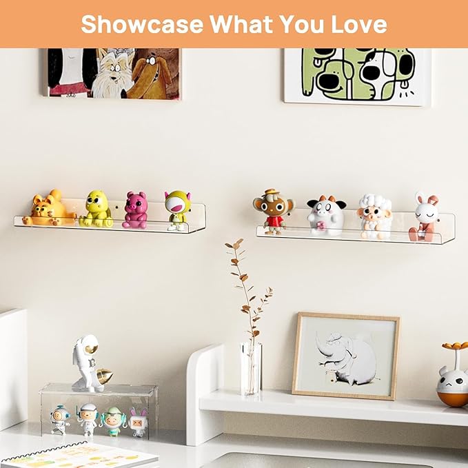 Acrylic Shelves for Bathroom Storage, 15" Floating Shelves Wall Organizer for Perfume, Make up, Skincare, Kids Bookshelf for Bedroom, Nursery, Living Room Decor, Clear 2 Pack