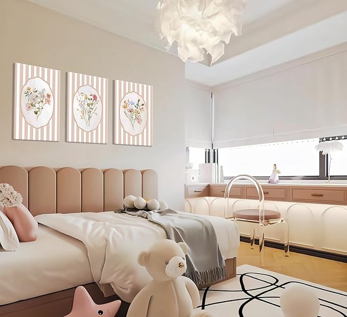 3Pcs Pink Flower Canvas Wall Art Light Pink Striped Plant Painting Picture Wall Decor Elegant wildflowers Poster Print Artwork for Bedroom Preppy dormitory Living Nursery Room Home Decoration