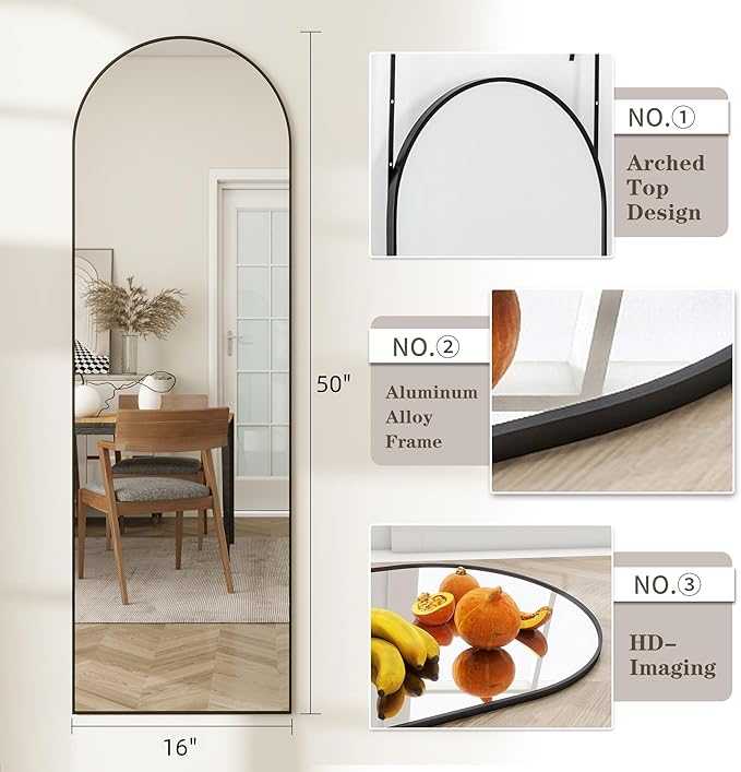 Door Mirror, Arched Full Length Mirror Over The Door, 16"x 50" Hanging or Wall Mirrors, Full Body Mirrors,Black