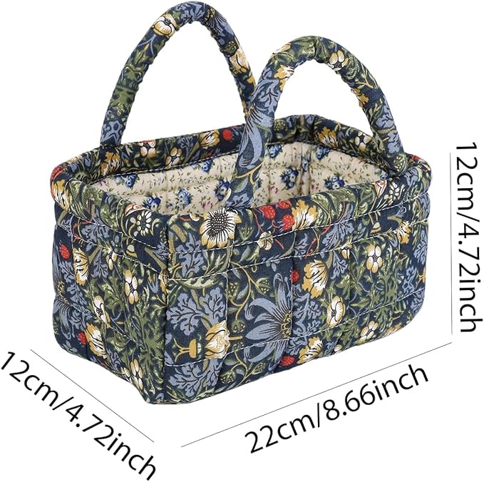 Small Storage Basket Organizer, Mini Fabric Floral Storage Baskets with Handle, Quilted Portable Collapsible Storage (Vine-Blue B)