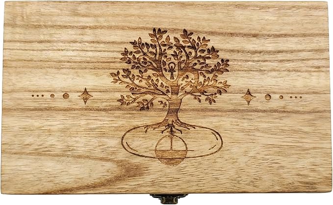 Trinket Box with Lock- Hand-Engraved Tree of Life Keepsake Box, 7.8" Vintage Wood Storage Box Jewelry Box for Crystals, Jewelry, Watches & Photos - Decorative Small Memory Chest for Women & Girls