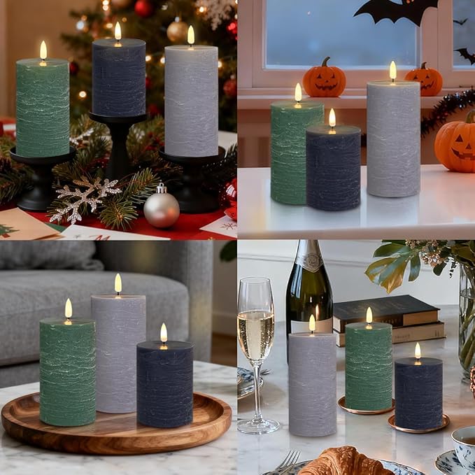 Rechargeable Flameless LED Pillar Candles–Luminous Real Wax Indoor Home Decor–Set of 3, Realistic Flickering LED Flame,Remote & Timer, USB-Rechargeable(Verdant & Ash Tones)