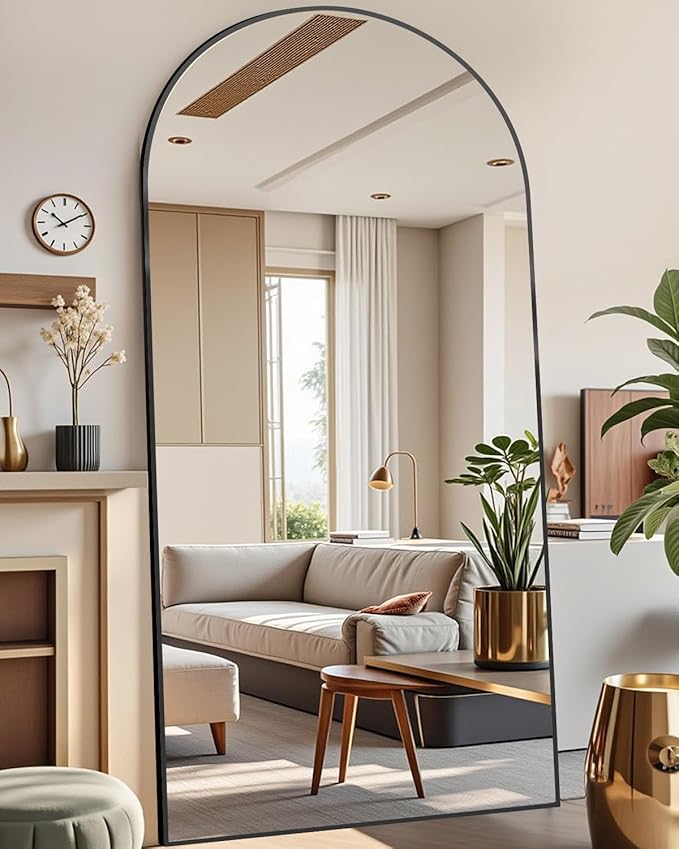 DMWOODFL 81"x41" Black Arched Full Length Mirror - Extra Large Floor/Wall Mounted, Shatterproof Glass & Aluminum Frame with Stand for Bedroom, Living Room, Entryway