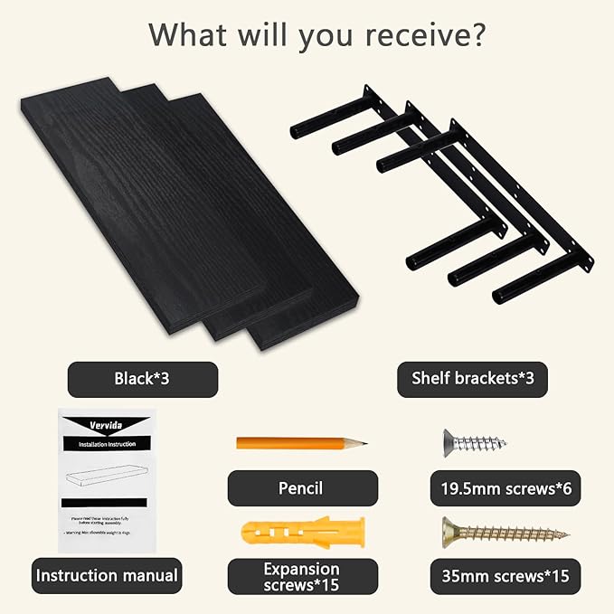 Vervida® Home Decor Floating Shelves for Wall 3 Pack 17" W x 6.8" D Black Shelves for Bedroom, Living Room, Kitchen, Bathroom Decor Hanging Shelves for Wall Storage Shelf