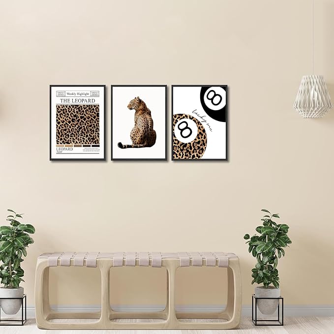 Set of 3 Trendy Leopard Wall Art Funky Lucky 8 Ball Posters Prints Preppy Room Aesthetic Cheetah Wall Decor Pictures for Girls Bedroom Apartment Dorm Unframed 12x16in