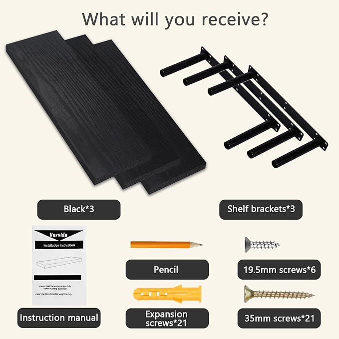 Vervida® 3 Pack Black Floating Shelves,24" W x 7.9" D x 1.5" H, Holds Up to 37 Lbs, Ideal for Living Room, Bedroom, Bathroom, Kitchen, Office, Storage, Display, with Invisible Brackets Wall Shelves