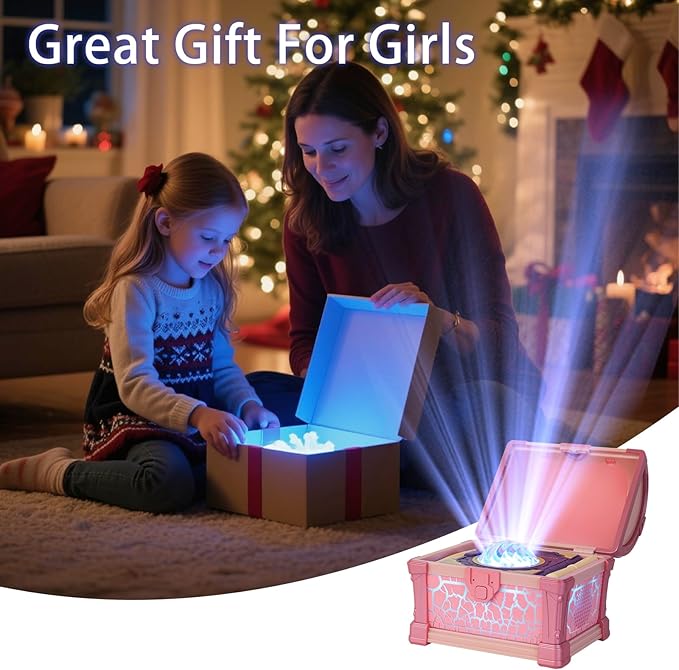 Pink Treasure Chest Night Light for Girls - 7-Color Northern Lights Projector Aurora Light Projector with Auto Timer, Dimmable Kids Bedroom Lamp for Girls Sleeping & Dreaming & Kids Room Decor