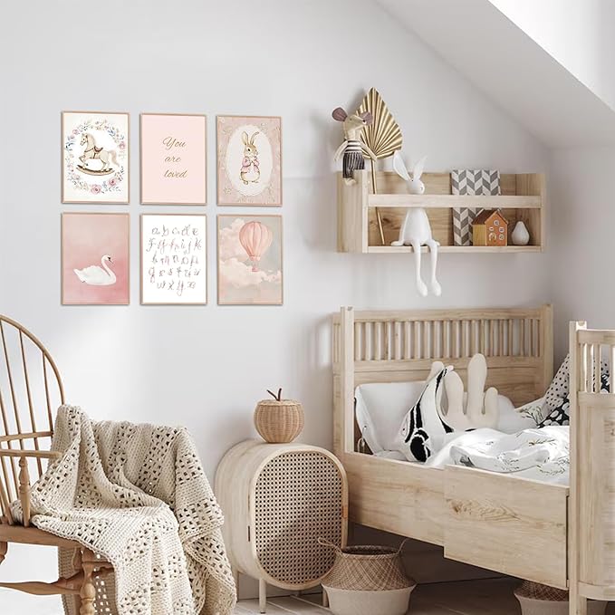 Uniro Pink Nursery Wall Decor Art Prints, Vintage Baby Girl Nursery Room Decor, Cute Baby Girl Room Decor Swan Bunny Hot Air Balloons Alphabets Canvas Painting, Antique Nursery Poster for Little Girl's Bedroom, Kids Room Decor-8x10inch|Unframed