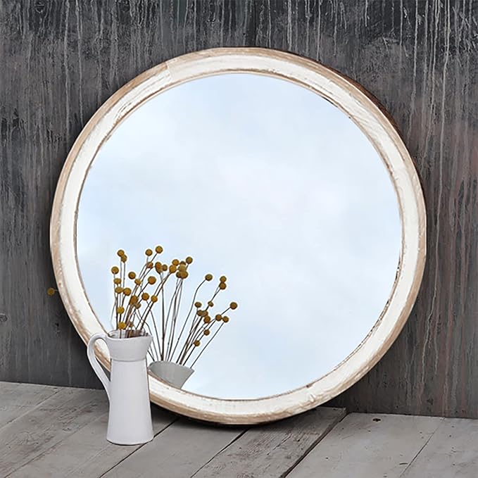 Reflinto 24 Inch Rustic Farmhouse Round Wall Mirror for Home Decor, Washwhite Wooden Circle Decorative Mirrors for Bathroom Over Sink, Bedroom, Entryway, Living Room, Kithen, Office