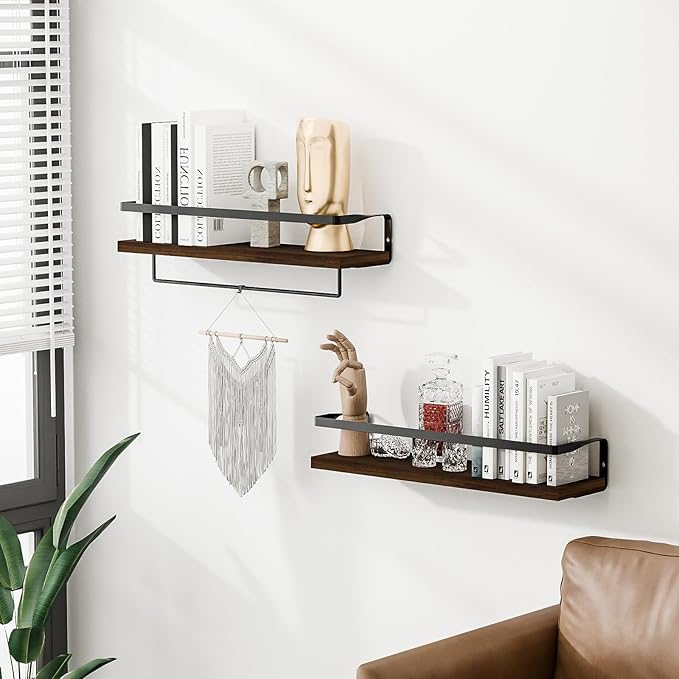 Bathroom Shelves with Towel Bar,Floating Shelves for Bathroom, Kitchen, Bedroom, Paulownia Wood, Matte Black Metal Frame - Set of 2 (Rustic Brown)