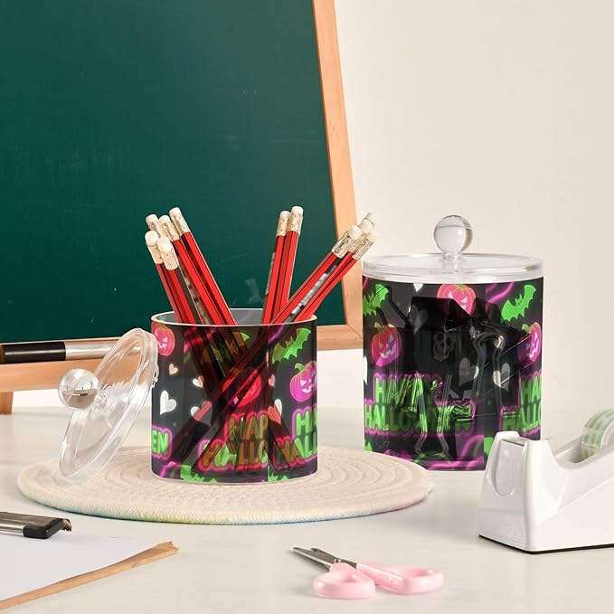 Halloween Heart Pumpkin Neon Green Pink Clear Plastic Makeup Organizer Storage with lid Dresser Essentials Decorative storage bin for Cotton Swabs,Cotton Pads,Floss Picks,Paper