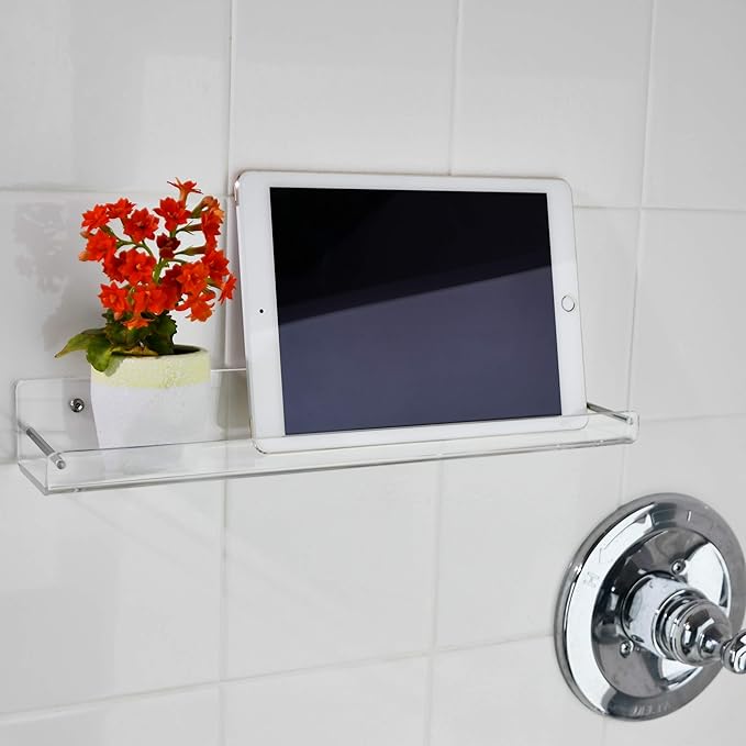 AMT 6 Pack Acrylic Floating Shelves, 15" L x 3.25" W, Clear Bathroom Wall Shelf, Bookshelves, Invisible Display for Office, Bedroom, Small Gap Allows Water to Escape, Free Screws & Drill Bit (Medium)