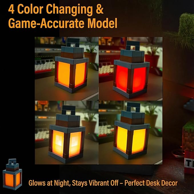 Pixelated Lantern Night Light – 16-Color LED Lamp with Remote Control, Rechargeable Wall or Table Light for Gaming Rooms or Kids’ Bedrooms, Fun Gift for Gamers, Decor for Boys Bedroom 12-15