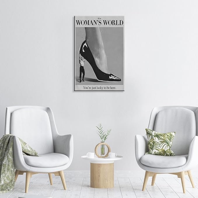 Retro This Is A Woman's World Canvas Wall Art Black And White Feminist poster Modern Hot Girls Aesthetic Prints Trendy Black High Heels Wall Decor For Bedroom Bathroom Dorm 24x36in Unframed