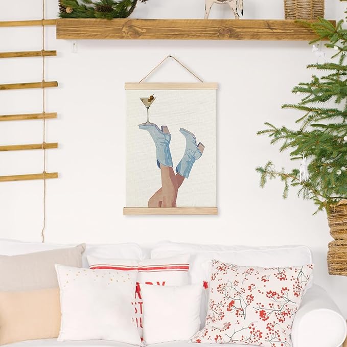 RYYCDOI Coastal Cowgirl Wall Art, Trendy Light Blue Cowgirl Boots Martini Wall Art Poster, Preppy Western Cocktail Wall Decor for Home Lounge Bar Pub Club Kitchen, Bat Cart Wall Decor, 12x16 Inches