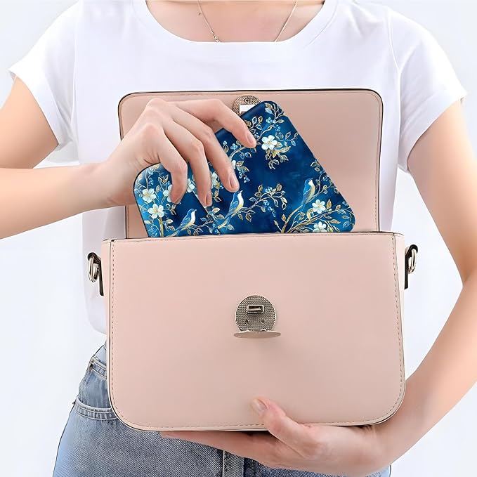 Travel Jewelry Case with Compact Mirror, Vintage Blue Birds Flowers Exquisite PU Leather Jewelry Boxes for Women, Best Gifts for People Who Travel - Dainty Jewelry Organizer