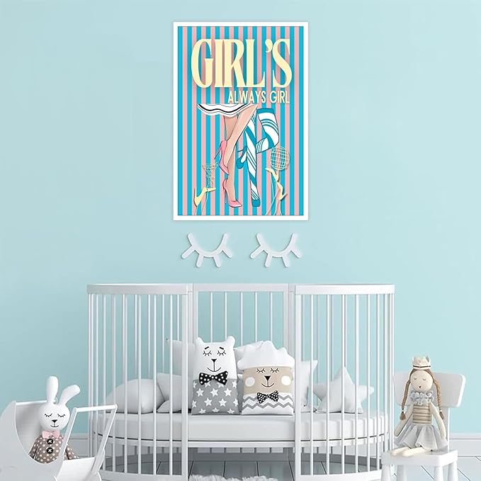 Trendy Always Girls High Heels Poster Funny Cocktail Disco Ball Canvas Wall Art Preppy Blue And Pink Stripes Feminine Girly Prints Painting For Living Room Bedroom Wall Decor 12x16in Unframed