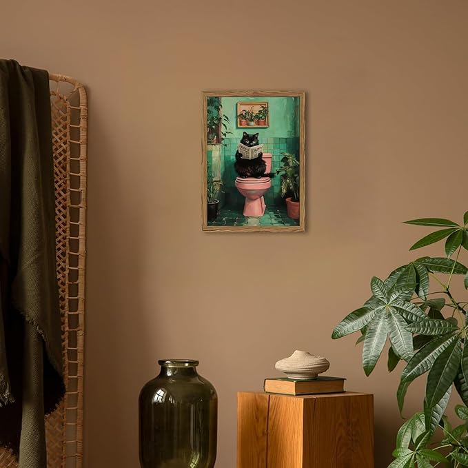 Funny Bathroom Cat Wall Art, Humorous Black Cat Restroom Wall Decor Paintings, Funky Animal on Toilet Reading Newspaper Canvas Prints Artwork 16x24 inch Wood Framed