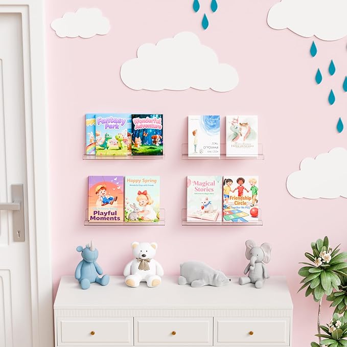 Yieach 2 Pack 15" Acrylic Shelves for Wall,Bathroom,Bedroom - with Adhesive - No Drilling Clear Floating Shelves for Funko Pop,Lego,Action Figures,Nail Polish,Perfume Shelf and Wall Storage & Display