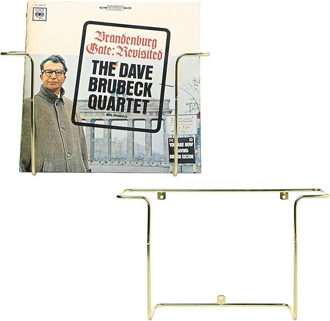 MyGift Modern Metal Wire Wall Mounted Vinyl Records Storage Racks, Hanging LP Record Holders, Floating Album Cover Display Shelves, Set of 2 (Brass-2 Pcs)