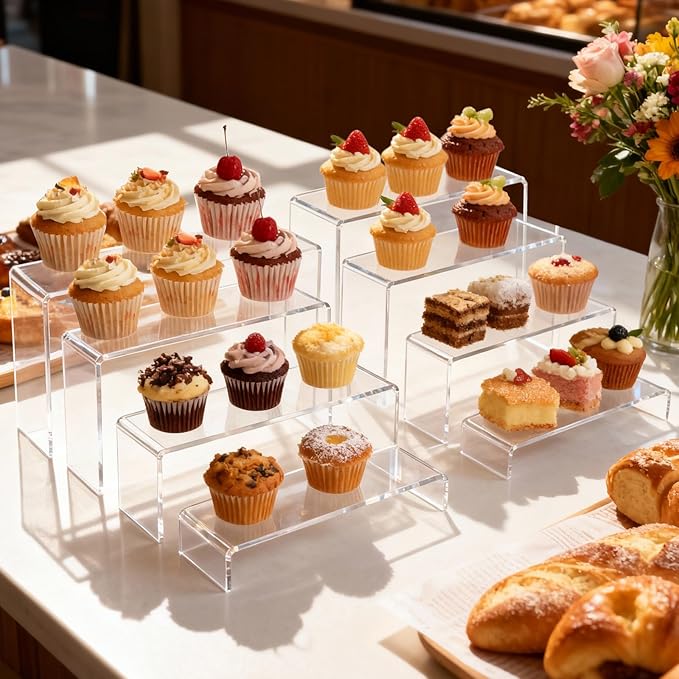 16 Pcs Acrylic Risers 4 Sizes(7" L~9" L) Riser Display Shelf Cupcake Stand Display Cabinet Clear Rectangular Display Stands Set