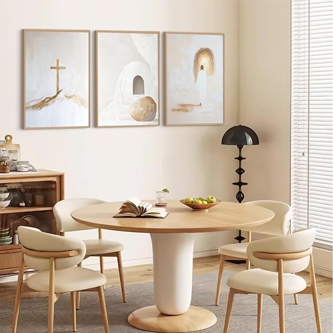 Jesus Christian Wall Art Gold Beige God Canvas Wall Decor He Is Risen Art Religious Christian Poster Modern Minimalist Cross Painting Artwork Jesus Picture Prints for Living Room 16x24x3 Inch Unframed