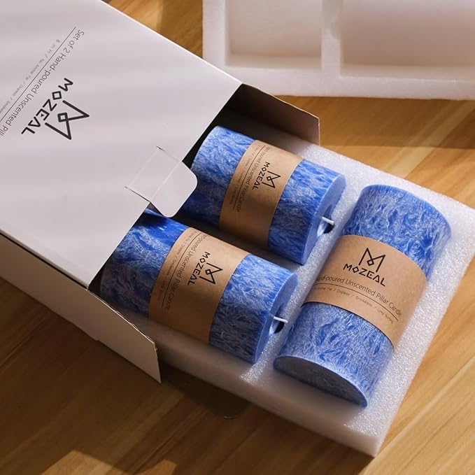 MOZEAL Hand-Poured, Unscented Blue Crystal Pillar Decorative Candles, Elegant Set of 3 in Different Sizes (3"x4", 3"x5", 3"x6"), Luxurious Décor for Homes & Events