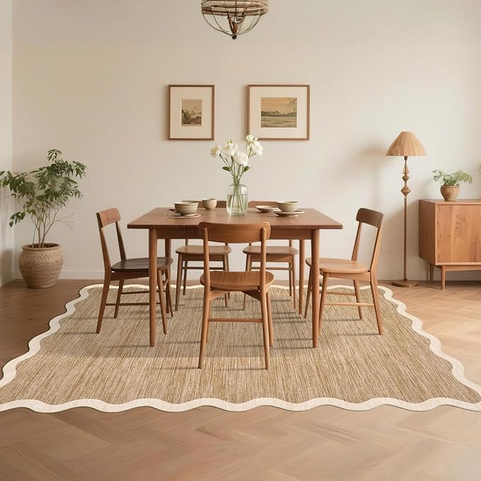 GarveeHome Scalloped Living Room Rug 5x7 Area Rug Washable Area Rug for Bedroom Modern Traditional Kids Rug Non Slip Throw Rugs Soft Low Pile Stain Resistant Carpet for Dining Room 5'x7' Light Brown