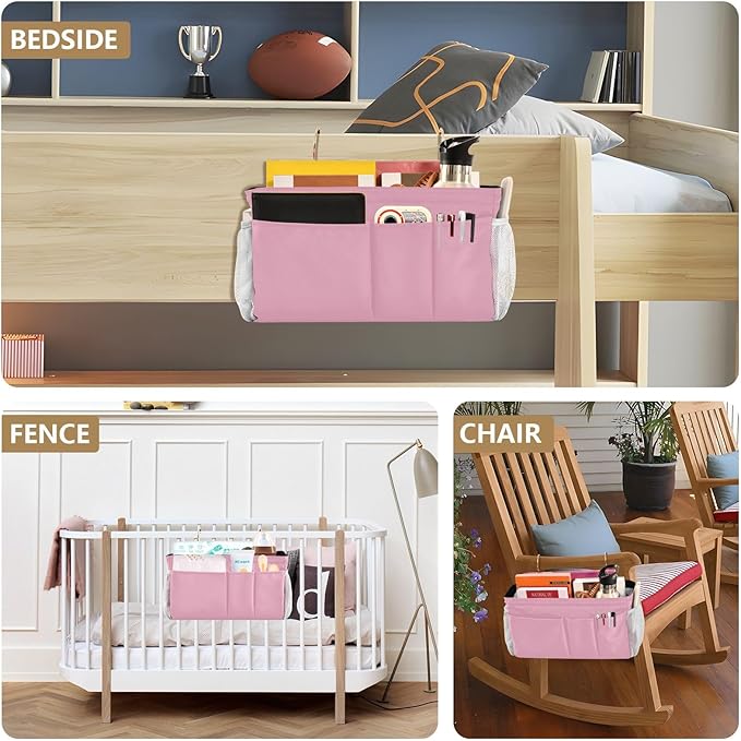 Rose Red Bedside Caddy Storage Bag Bedside Organizer for Dorm Room Top Bunk Bed Hanging Storage Organizer 6 Pockets with Hooks for Book Glasses Phone Holder