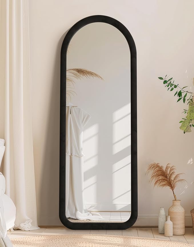 Delma Arched Full Length Mirror, Free Standing Floor Velvet Finish Frame Mirror for Leaning or Hanging, Soft Touch Bedroom & Living Room Decor, Black
