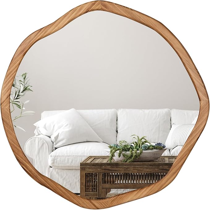 ULIKE Round Wood Mirror, 24 Inch Irregular Circle Vanity Wall Mirror with Wooden Frame, Rustic Decorative Wall Mount for Bathroom Bedroom Living Room Entryway, Rustic Brown
