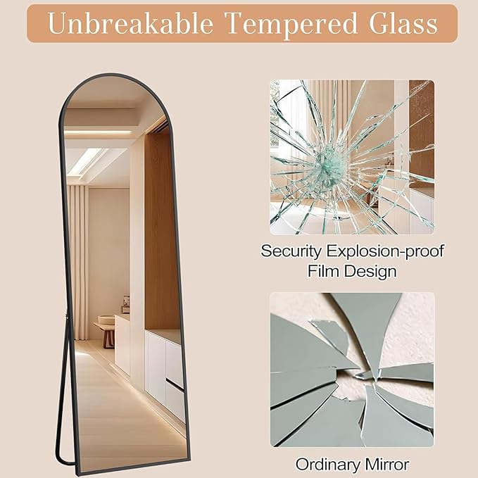 GlasFlength Arched Full Length Mirror with Stand, 57"x21" Free-Standing Leaning Wall-Mounted Mirrors, Elegant Body Mirror for Living Room, Bedroom & Cloakroom, Black