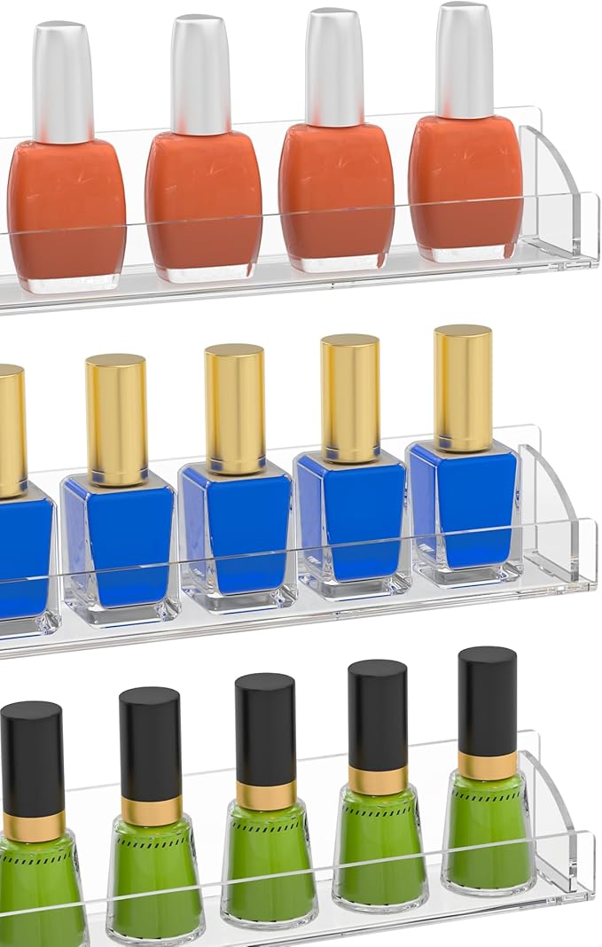 30 Inch Clear Nail Polish Wall Rack with Removable End Caps Set of 6, Acrylic Nail Polish Organizer Wall Mounted,Nail Polish Sorage Shelves for 192 Bottles (30 Inch)