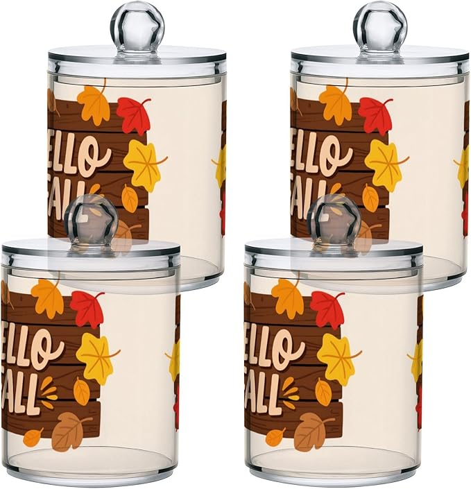 2 Pack Apothecary Jars Dark Brown Hello Fall Bathroom Vanity Storage Organizer Set,Small Clear Plastic Storage Jars Bathroom Canister for Cotton Swabs, Rounds, Balls, Qtips,Makeup Sponges, Flos