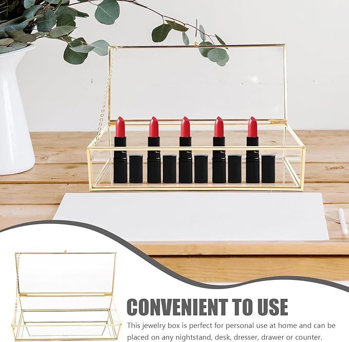 Glass Jewelry Box with Lid 23x10x5.5cm Metal Frame Glass Case Perfume and Cosmetic Organizer for Necklace Ring Storage Desktop Display