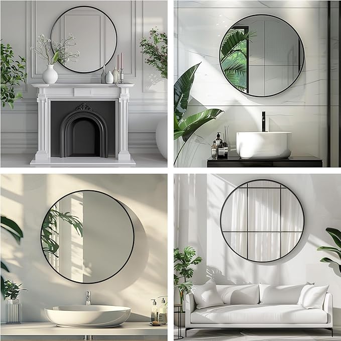 Round Black Mirror, 24 Inch Circle Black Mirror, Metal Frame Round Wall Mounted Mirrors for Bathroom, Living Room, Bedroom, Entryway, Vanity