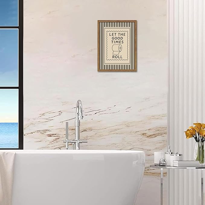 Framed Funny Bathroom Wall Art, Let The Good Times Roll Canvas Wall Decor Painting, Humorous Toilet Quote Artwork Poster Print Picture for Modern Farmhouse Bathroom Decor 12x16 Inch