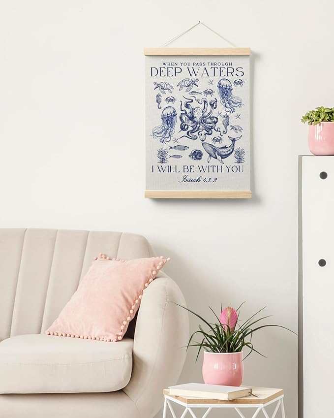 FGFK Vintage Navy Blue Christian Ocean Wall Art Poster Hanger Frame, Coastal Beach Isaiah 43:2 Bible Verse Religious Canvas Prints Framed Wall Decor for Home Office, 12x16 Inch
