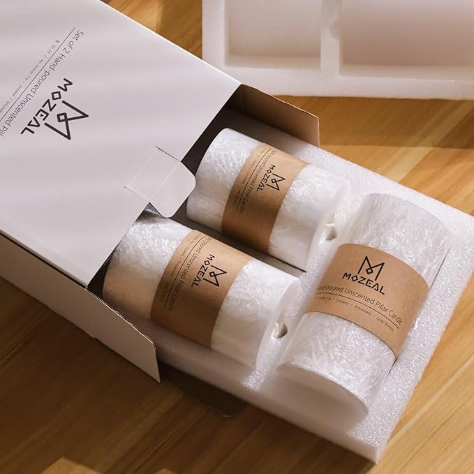 MOZEAL Hand-Poured, Unscented White Crystal Pillar Decorative Candles, Elegant Set of 3 in Different Sizes (3"x4", 3"x5", 3"x6"), Luxurious Décor for Christmas Homes & Events