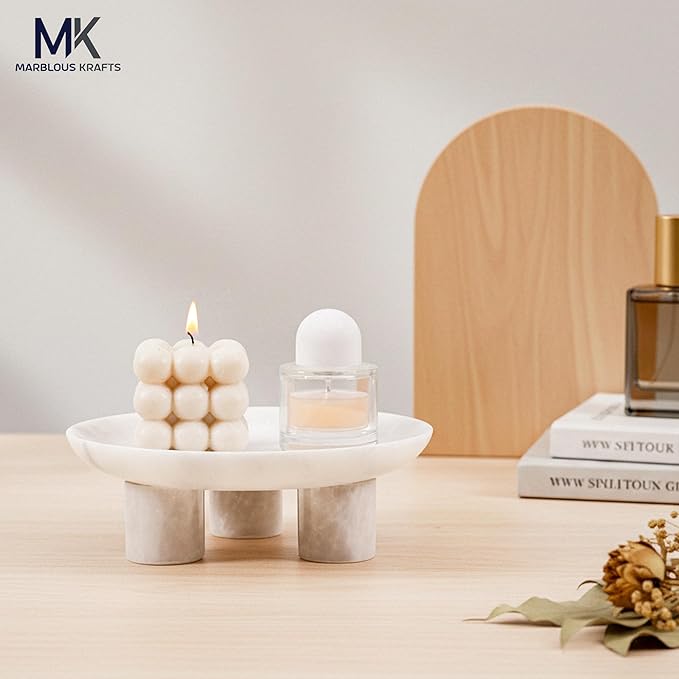 White Marble Decorative Tray 8" inch Vanity Tray Organizer and Perfume Display, Jewelry Dish for Bathroom Countertop, Ideal Home Decor