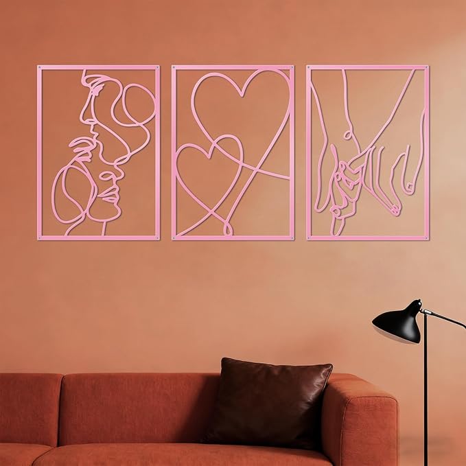 ESTART 3 Pieces Metal Minimalist Line Wall Art, Valentine's Day Lover Kiss Hand Metal Wall Decor, Aesthetic Modern Home Hanging Wall Art Decor for Bedroom Living Room (Pink)