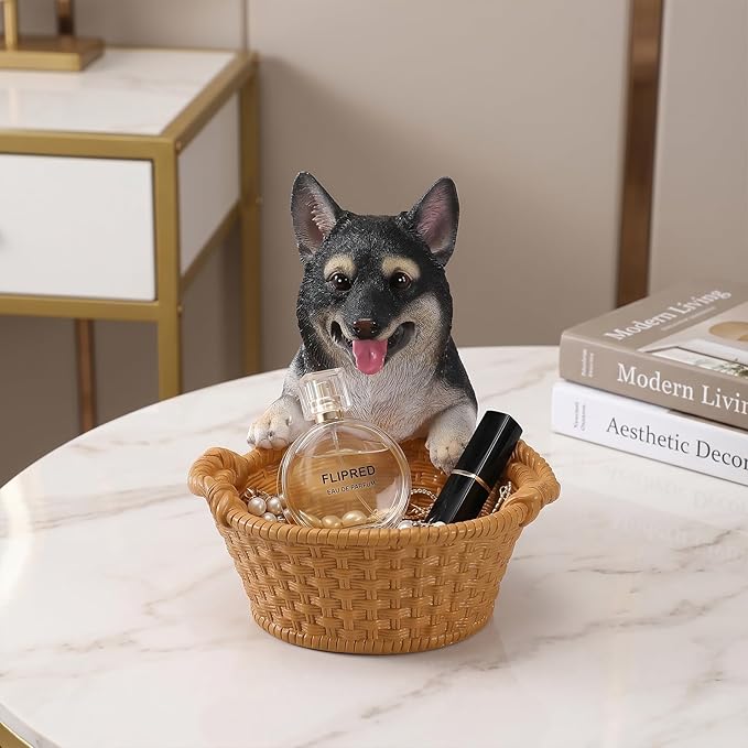 Dog Resin Storage Basket, Desktop Organizer for Remote & Keys, Cute Home Decor Tray, Ideal present for Pet Lovers.(Black Shiba Inu)