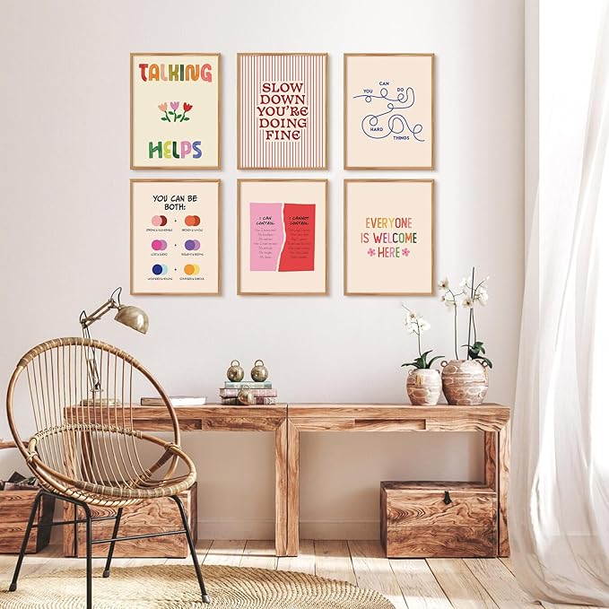 Mental Health Office Wall Decor Therapy Wall Art Mental Health Canvas Posters Motivational Inspirational Quotes Pictures Boho Positive Artwork for Counseling Office Classroom 12x16 Inch Unframed 6Pcs