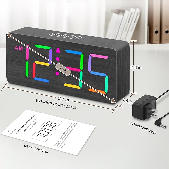 DreamSky Wooden Digital Clock for Bedroom Desk - RGB Loud Alarm Clock for Heavy Sleepers with Volume Control, Large Numbers with Dimmer for Living Room Office, Wood Decor (Plug in Clock)