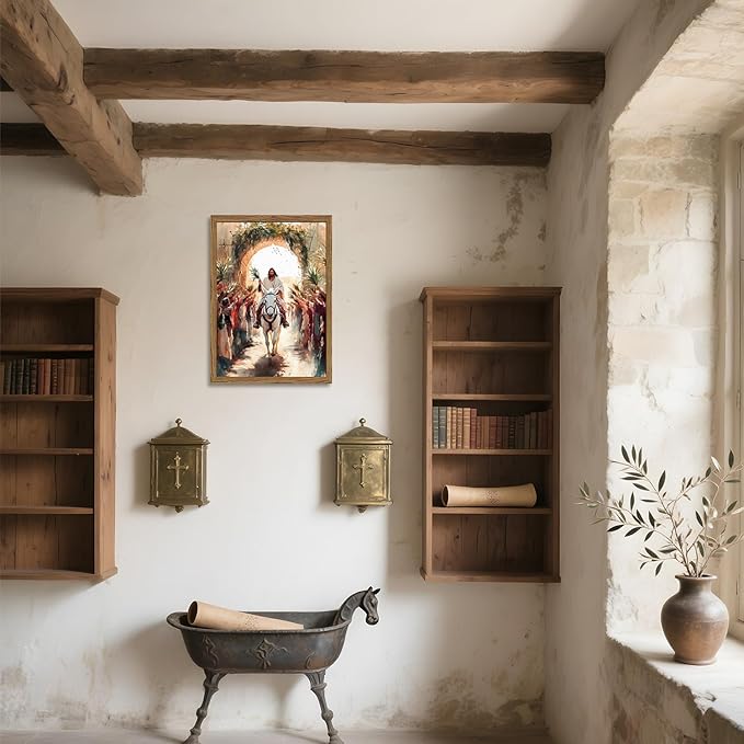 Jesus Triumph Wall Art Spiritual Jesus Palm Sunday Wall Decor Painting Christian Triumphal Religious Artwork 3D Textured Hand Drawn Sandstone for Bedroom Living Prayer Room 12x16 inch Wood Framed