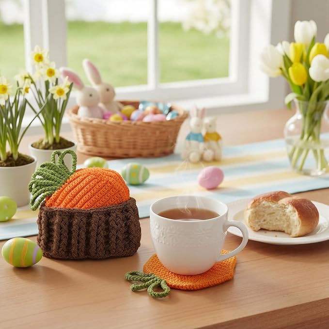 5 Pcs Easter Carrot Crochet Coaster Set with Basket 4.3 Inch Handmade Woven Carrot Cup Pad Mats Gift Kit for Holiday Kitchen Office Bar Desk Table Decoration