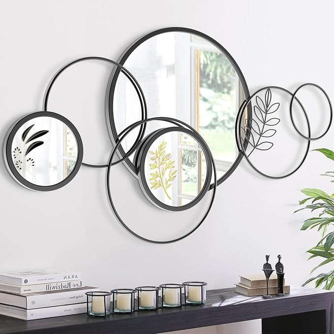 Wall Mirror Decorative, Print Round Decorative Mirrors, Large Decor Metal Wall Art Mirro for Entryway, Living Room, Bedroom, Dining Room Kitchen Decor 45''x25.5''