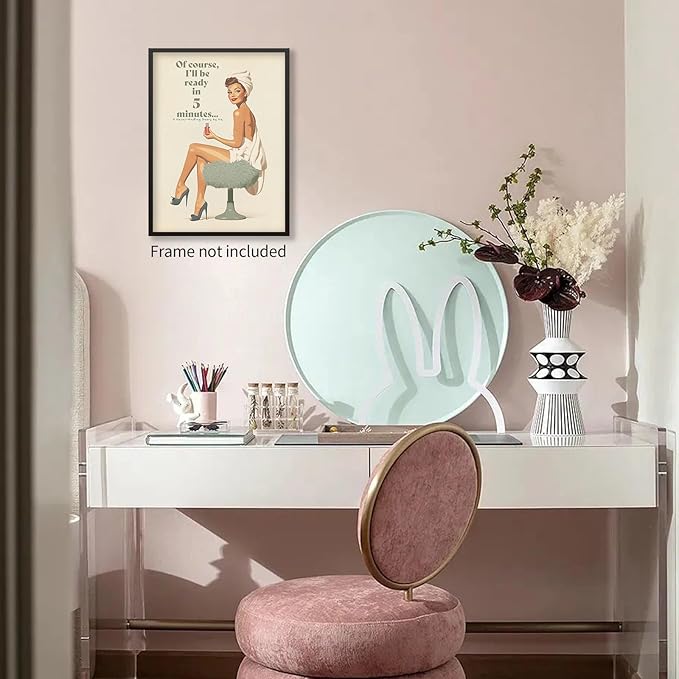 noxozoqm Boho Sage Green Bathroom Poster Vintage 70s Pin Up Girl Wall Art Of Course I'll Be Ready in 5 Minutes Canvas Prints for Toilet Lavatory Wall Decor 12X16 inch Unframed