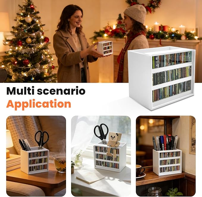 White Anxiety Bookshelf with 100 Mini Books, Shaking Miniature Library for Stress Relief, Aesthetic Bookmark Holder & Pencil Organizer, Tiny Book Shelf Ornament, Gifts for Book Lovers Decor